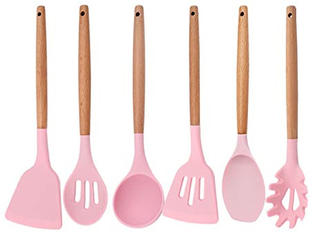 Set di utensili da cucina in silicone Utensili da cucina antiaderenti Utensili da cucina Manico in legno Pentole Set di gadget da forno Rosa 6 pezzi