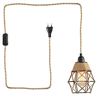 minifair Lampada a sospensione in rattan, lampada a sospensione con spina e cavo da 4,5 m, paralume vintage con corda di canapa, kit di supporto E27 per cucina, balcone, corridoio