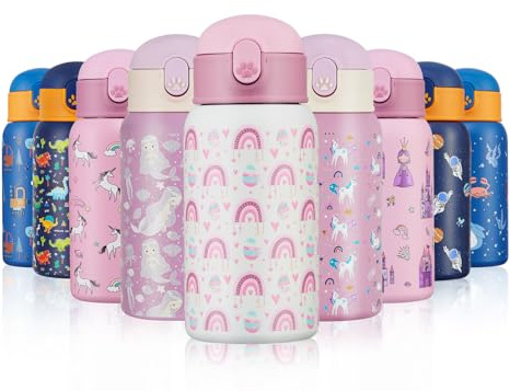 Autsel 500ml Trinkflasche Kinder Edelstahl mit Strohhalm, Auslaufsicher BPA-frei, Metall Wasserflasche für Kinder Jungen/Mädchen
