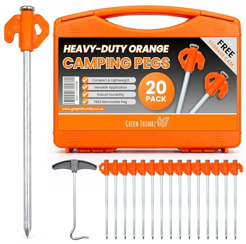 Heavy Duty Tent Pegs - 20cm x 20 Pack Orange Hard Ground Tent Pegs, Camping Pegs, Awning Peg for outdoors, Strong Galvanized Steel with Storage Case and Peg Remover