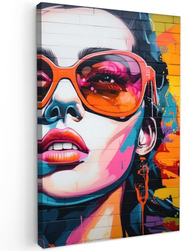MuchoWow© Wandbilder Groß XXL Wohnzimmer Wanddeko Schlafzimmer Zimmerdeko | 80x120 cm - Fotowand Zimmer Deko Wand Dekoration Wall Banksy - Street Pop Art - Frau - Brille - Farben - Graffiti