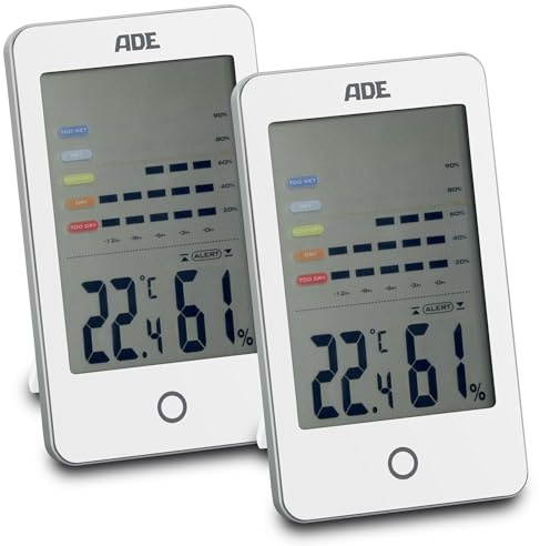ADE Digitales Hygrometer innen mit Schimmelalarm | Feuchtigkeitsmessgerät mit Thermometer | Temperatur und Luftfeuchtigkeitsmesser | großes LCD-Display | Doppelpack | weiß