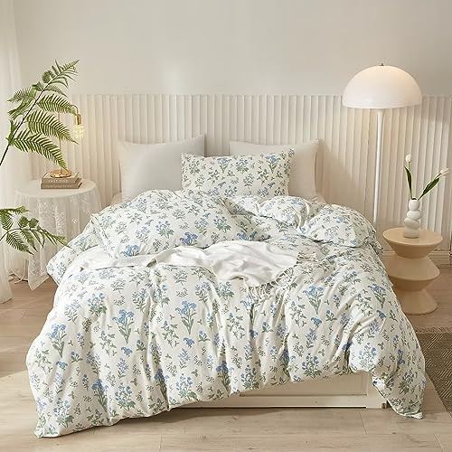 Ruccit White Floral Duvet Cover Set King 100% Cotton Duvet Cover King Size Bed 3pcs Garden Blue Green Chic Flower Bedding Set with Zipper Closure Corner Ties-Soft,Durable,Easy Care