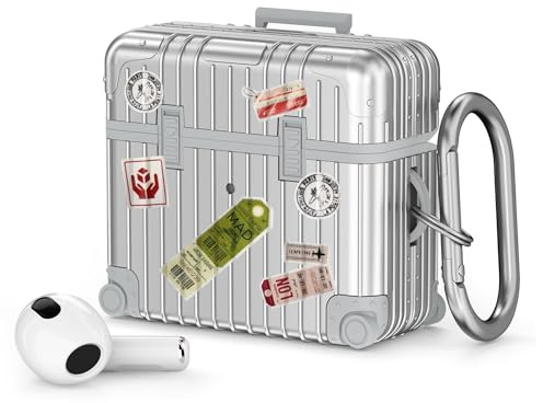 VISOOM Hülle kompatibel mit AirPods 3 (2021), TPU Stoßfeste Schutzhülle Koffer Design, Kabelloses Laden mit Metall Karabiner DIY Aufklebern, Silber