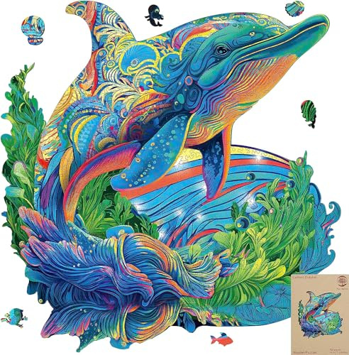 Mys Aurora Holzpuzzle, 200 Teile (28cm x 29cm) Delfin für Erwachsene, 5 mm Dicke, Unregelmäßige Einzigartige Holzpuzzle, Anspruchsvolle Weihnachtspuzzle für Erwachsene