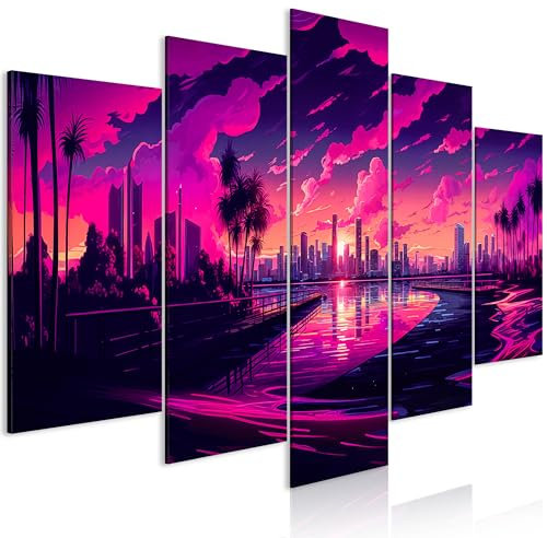 murando Akustikbild Landschaft 100x50 cm Bilder mit Akustikschaumstoff Hochleistungsschallabsorber Schallschutz Leinwandbild XXL 5 tlg Wandbild Miami Stadtpanorama Metropole Westen Rosa d-H-10022-b-c
