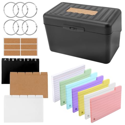 Karteikasten Schwarz, Karteikarten Box Lernkarteibox 230 Karteikarten Bunt Liniert 15 Register 6 Ringen 6 Aufkleber Vokabelkarten für Unterwegs Vokabel Lernen Büro Schule Zuhause
