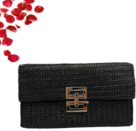 RICOKJRDE Bolsos De Mano De Paja Hechos A Mano De Verano Para Mujer, Elegante Bolso De Paja Y Bolso Para Fiesta, Vacaciones Y Playa (B-Black)