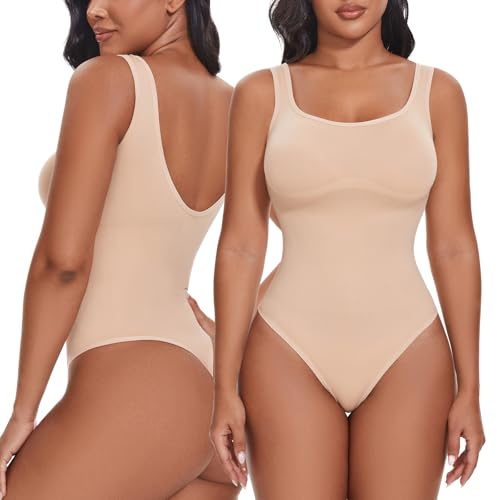 SHAPERIN Body Gainant Femme Ventre Plat Invisible Gaine Amincissante Dos Nu Body Gainant Sans Couture Tank Top Bodysuit, Beige, M