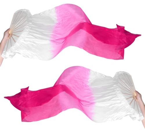 PATIKIL Bauchtanz Seidenfächer Schleier 59 Holz Fächer Weiß Verlauf Rosa | 1 Paar, Damen Lange Faltfächer, Links+Rechts, Für Tanzaufführung