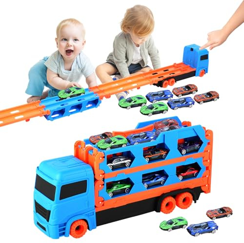 Euakee Carrier Truck Spielzeug für Kleinkinder, Diecast Transport Truck Car Toys Lange Rennstrecke für Jungen Kinder, Truck Spielzeug Geschenk für 3 4 5 6 Jahre alte Jungen und Mädchen (Blau)