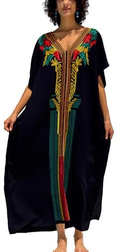 YouKD Broderade blommiga kaftan boho strandklänning bikini coverups långa badrockar för kvinnor, Csvart, one size