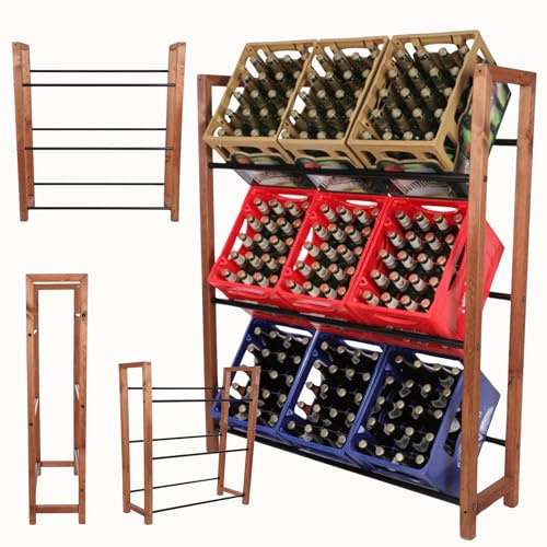 MODO24 Getränkekistenregal RSO Holz und Metall, Stabil, Kistenregal für 9 Kisten, Getränkeregal, Kistenständer, Freistehend, Kistenhalter, Kellerregal, Lagerregal, 137,5x32x111,5 cm, Braun/Schwarz