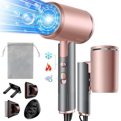 Seche Cheveux Pliable, 2400W Sèche-Cheveux Ionique avec Diffuseur, Professionnel Hair Dryer, 3 températures/3 vitesses, bouton chaud/froid, pour Famille Voyage Salons de Coiffure (grayish pink)