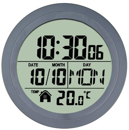 Tokenhigh Radio Control Wall Clock, Round Wall Mount Clock, Waterproof Quartz Wall Clocks, Radio Controlled Silent Non-Ticking, LCD display with day/date, Temperature display(Grey)