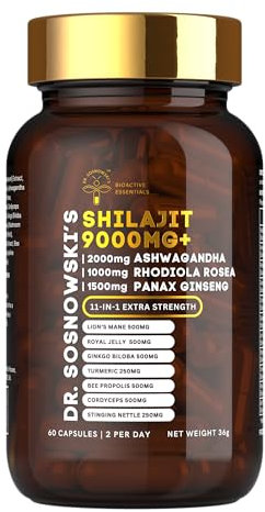 Dr. Sosnowski's BioActive Shilajit Blend with Ashwagandha, Rhodiola Rosea, Lions Mane, Panax Ginseng, Royal Jelly, Ginkgo Biloba, Turmeric, Bee Propolis, Cordyceps and Stinging Nettle| 60 Capsules