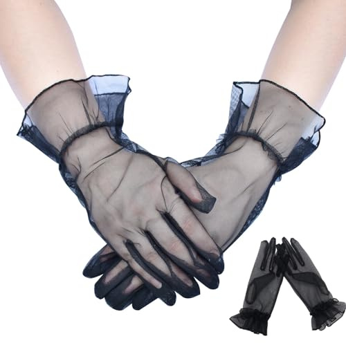 SMTCM 2 Paar Damen Tüllhandschuhe Kurz Brauthandschuhe Rüschen Mesh Spitzenhandschuhe Durchsichtige Opernhandschuhe Sommer Elegant Handschuhe Stulpen Netzhandschuhe für Hochzeit Halloween Tea Party
