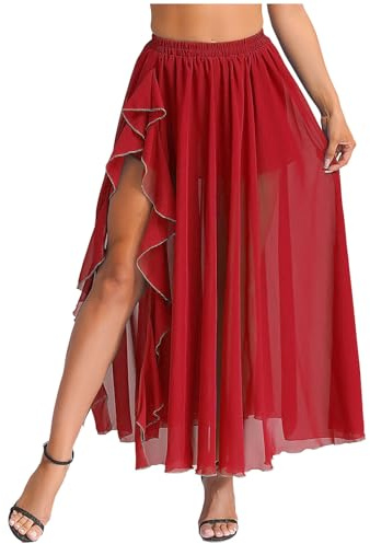 Yihuimin Femme Jupe Longue de Danse Orientale Décontractée D'été Jupe Danse du Ventre Haut Fente Rouge Taille Unique