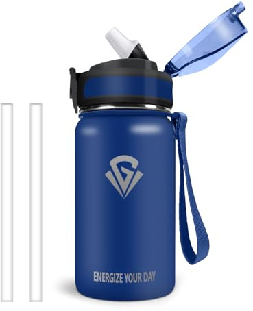 Vikastar Trinkflasche, 500ml Auslaufsicher, Trinkflaschen Sport, mit Zeitmarkierung & Strohhalm, Flaschen, Trinkflasche Kohlensäure Geeignet für Schule, Fahrrad, Dunkelblau