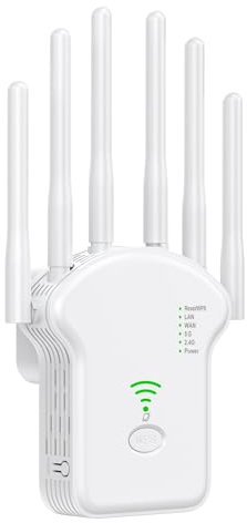 Ripetitore WiFi Potente per Casa 1200Mbps 6 Antenne Amplificatore Wifi,5GHz & 2,4GHz Dual Band WiFi Extender Supporta Modalità Ripetitore/Router/AP, Ripetitori con WPS, Porta Ethernet (Bianco)