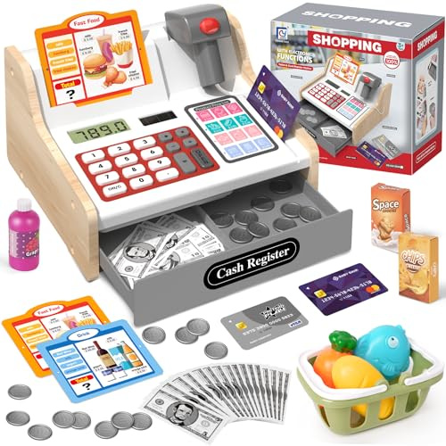 2026 Caisse Enregistreuse en Bois avec Scanner Calculatrice Jouet Enfant 3+ Ans, Faire Semblant de Jouer Magasin Jouets Cadeaux éducatifs pour Filles Garçons 3 4 5 6 7 Ans, Blanc&Gris