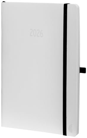 Chronoplan 50936 Buchkalender Kalendarium 2026 (Terminplaner A5 (135x210mm) mit Softcover, Wochenplaner, 1 Woche auf 2 Seiten, mit flexibler Stiftschlaufe, Einmerkband, Gummiverschluss) weiß