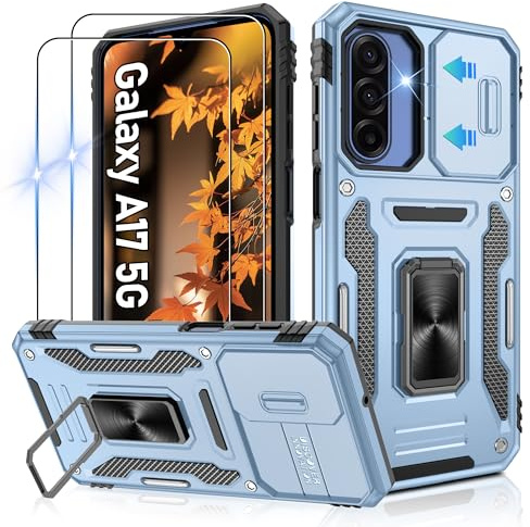 Jshru for Samsung A17 5G Phone Case with Screen Protector | Camera Protective Cover | Ring Stand,Shockproof Bumper Phone Cover,A17 5G-Light Blue