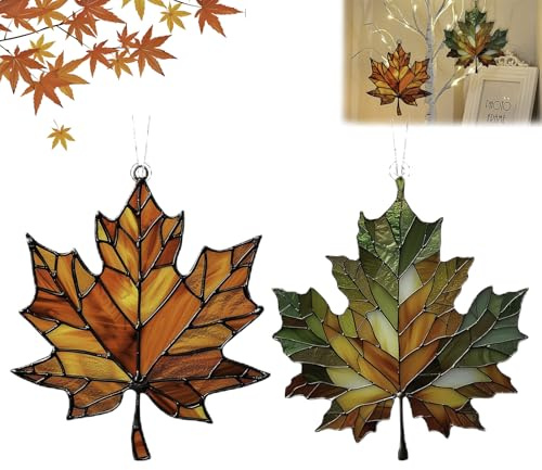 Ahornblatt Ornament Aus Gebeiztem, 2D Flach Ahornblatt Buntglas Fenster Hängend Herbstdeko, Herbstdeko Anhänger Glass, Ahornblätter Sonnenfänger, Herbst Deko Aesthetic Outdoor Für Haustür(2 Stück)