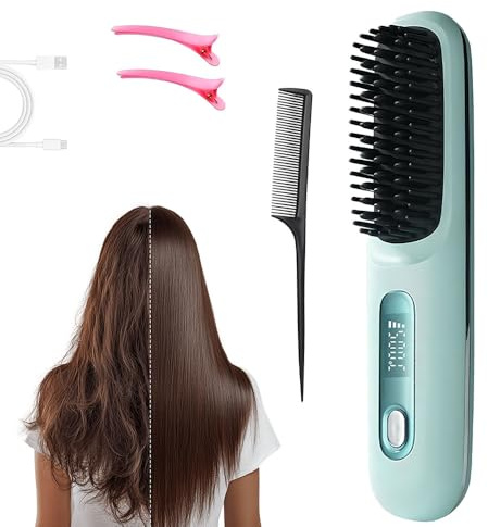 2 In 1 Glätteisen Locken und Glätten, 2025 Neu Tragbare Bürste, Glätten, Locken, Trocknen, 3 Wärmestufen Kabellos Glättungskamm mit LED-Anzeige Mini Lockenstab Bürste für Styling (Blau)