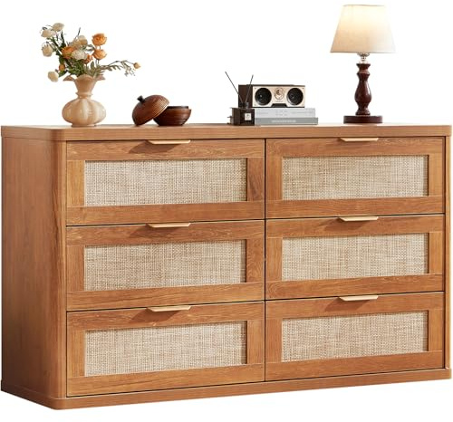 LEYAOYAO Rattan 6 Drawer Dresser for Bedroom, 54 Wide Boho Chest of Drawers, Wooden Dressers TV Stand with Metal Handle, Storage Closet Organizer for Living Room, Hallway, Tea Brown