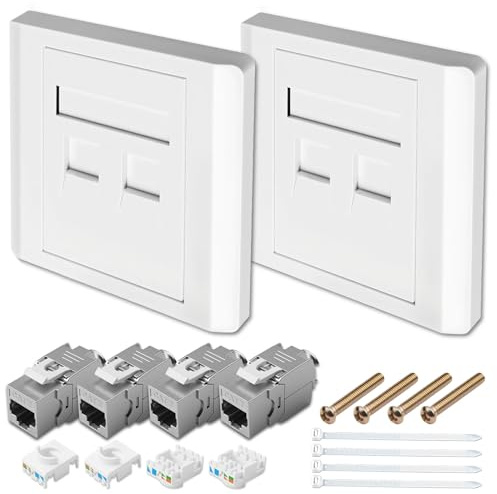 Aivane CAT7 Toma de Red 2 Puertos Empotrada 10 Gigabitcon y 4 Módulo Keystone Cat7 con Carcasa Metálica Blindada, Caja de Red Empotrable RJ45 LAN para Cable de Instalación, Parche(2 SET Blanco)