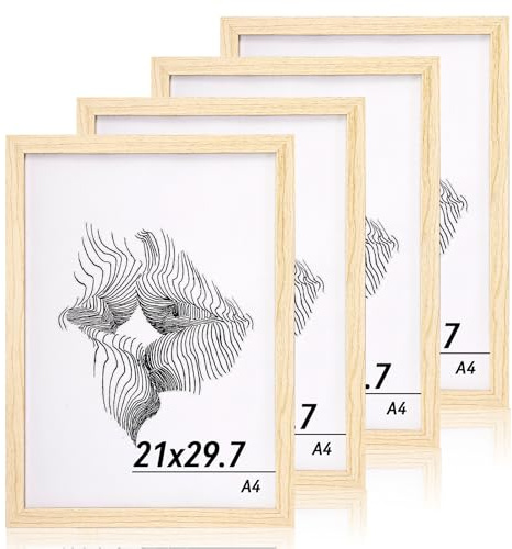 JINGIHE 4 cornici portafoto formato A4, in legno con vetro acrilico infrangibile, per montaggio a parete, verticale o orizzontale, opere d'arte, immagini, poster 21 x 29,7 cm (protocollo)