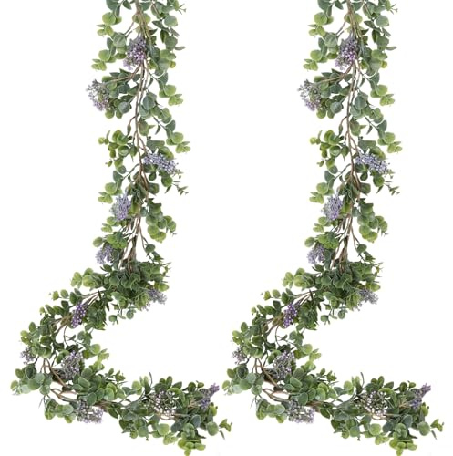 RECUTMS 2Pack Faux Eucalyptus Garland 5FT Artificial Grape Leaves Vines with Purple Berries Stems Hanging Greenery Ivy for Home Kitchen Office Wedding Party Porch Mantel Shelf Outdoor Indoor Decor