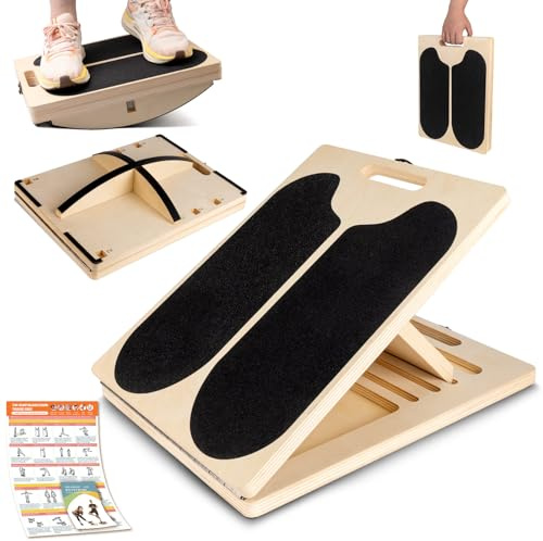Wadendehner Schrägbrett aus Holz, 3-in-1 Slant Board mit 6 Winkeln und Trainingsposter, Verstellbar Wadenstrecker mit Tragegriff, Mobility Balance Board für Wadenstreckung