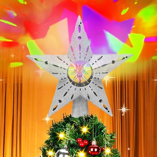 Weihnachtsbaumspitze Stern, Beleuchtete Christbaumspitze, 3D Glittered Stern Licht Baum Topper mit LED Rotierenden Projektor, LED Sterns Spitze Baumspitze für Weihnachtsdekorationen (Silver)