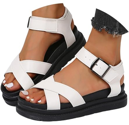 Plattform modesandaler för kvinnor sommar öppen tå spänne ankelrem sandaler mellanklackar mode ankelrem sommar sandal promenader tjocka kilskor lätta justerbara spännen skor, B vit, 40 EU Bred