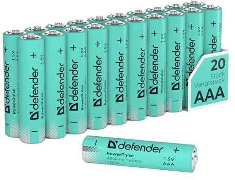 Defender PowerPulse Alkaline Batterien AAA (LR03) 1,5V – 20 Stück Box, langlebige Alkaline Batterie für Haushalt, Spielzeug, Fernbedienung, Taschenlampe und Elektronik, 5 Jahre haltbar (20, AAA)