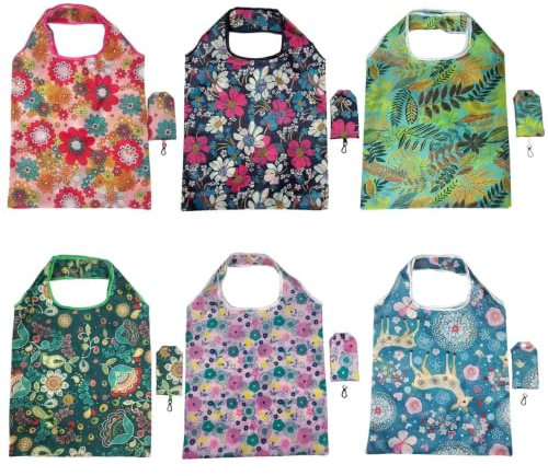 Pownert 6 Stück Einkaufstaschen Faltbar, Wiederverwendbare Einkaufsbeutel, Einkaufsbeutel Faltbar mit Beutel, Waschbare Tragetaschen aus Polyester für Supermarkt, Reise, Strand, Picknick