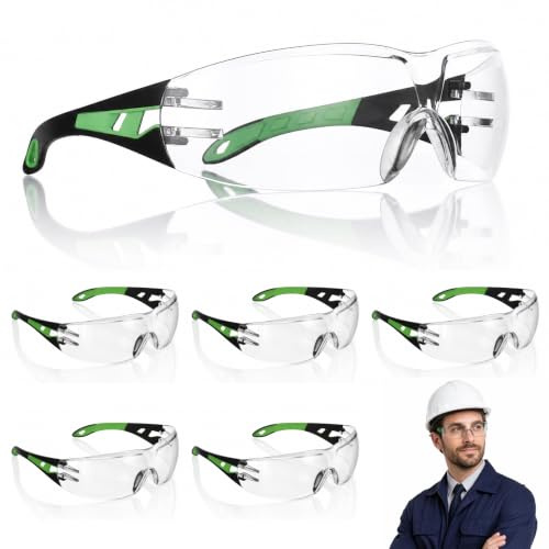 VINATO Lot de 6 Lunettes de Protection Anti-Buée – Lunettes de Sécurité avec Coussins en Caoutchouc pour Chantier, Laboratoire, Bricolage, Adultes, Vert