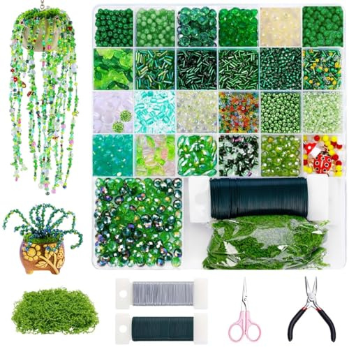 LIUWAZJ 5422PCS Beaded Plant Kit Forever Plant Kit, DIY Charm Beads for Succulent Plants Making, Green Glass Beads Making Kit, Forever Plants Beads for Jewellery Making Crafts