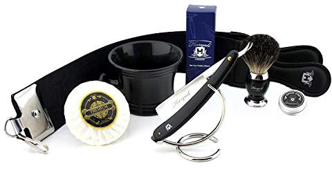 Friseur Style Rasiermesser 7-tlg. Herren Rasierpinsel Set > Bürste Razor Seife, Becher Etc