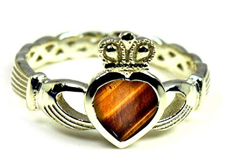 Irischer Claddagh-Silberring mit natürlichem Edelstein, Freundschaftsring, 55 Karat, Größe 5 bis 12, Edelstein, Natürliches Tigerauge
