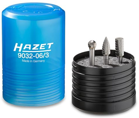 Hazet Hartmetall-Frässtift-Satz (6 mm Schaft, 3 verschiedene Fräser in Zylinder-, Kegel- und Kugelform, Kopfdurchmesser 9-10 mm) 9032-06/3