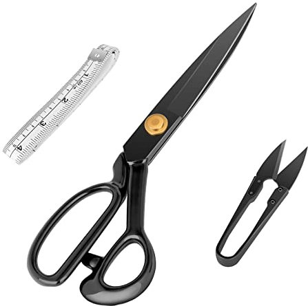 Uaugulft Stoffschere, Professionelle Schneiderschere aus Edelstahl, Nähschere mit Fadenschneider und Maßband, Textilschere zum Schneiden von Stoff Kleidung Leder, 25 cm, Schwarz