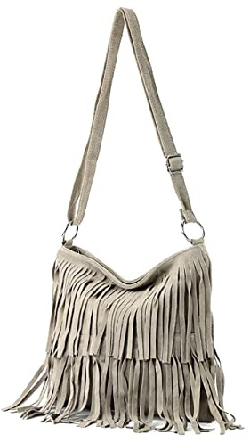 Modarno Borsa a tracolla con frange in camoscio - borsa tracolla donna in pelle scamosciata (Beige)