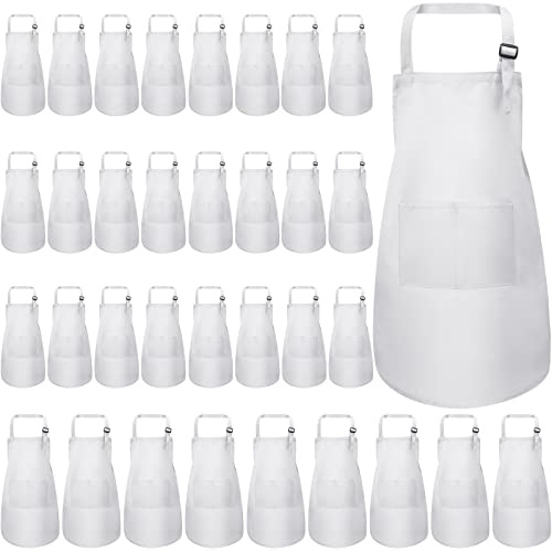 Handepo 35 Pcs Children Artists Aprons Adjustable Chef Apron Kids Painting Aprons for Cooking Kitchen Grilling Painting(White, Age 7-13)