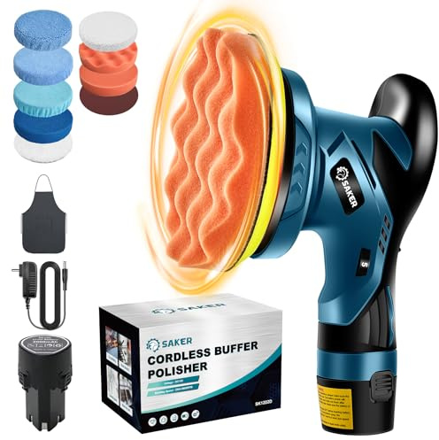 Saker Mini Cordless Buffer Polisher - 6 Inch Portable Polishing Machine Kit for Car Detailing, with 1PC 12V 2000mAh Rechargeable Battery, extra 10 PCS Attachments