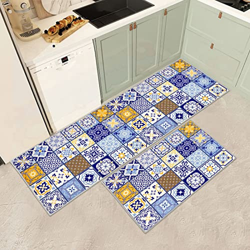 Küchenteppiche 2 Stück,Vintage rutschfest Waschbar Dauerhaft Küchenläufer Flurläufer, Anti-Müdigkeit Küchenteppich Teppich Läufer für Küche,Carpet für Badezimmer/Wohnzimmer Flur (F, 40x60+40x120cm)