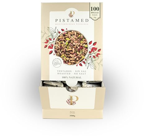 PISTAMED - Pistachos con Cáscara Sin Sal Tostados Artesanalmente - Alto Contenido en Fibra - Apto Veganos y Sin Gluten - Pack 100 x 35 g Formato Individual - Origen España - Snack Natural