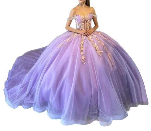 Vestidos de quinceañera con lentejuelas brillantes, vestidos de gala con encaje y hombros descubiertos con cola, vestido de princesa con tul esponjoso y falda de bola, Lila, 34